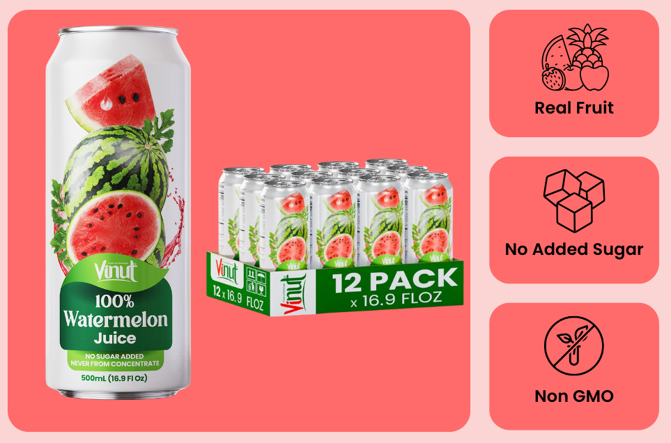 Vinut 100% watermelon juice attributes including no added sugar and not from concentrate