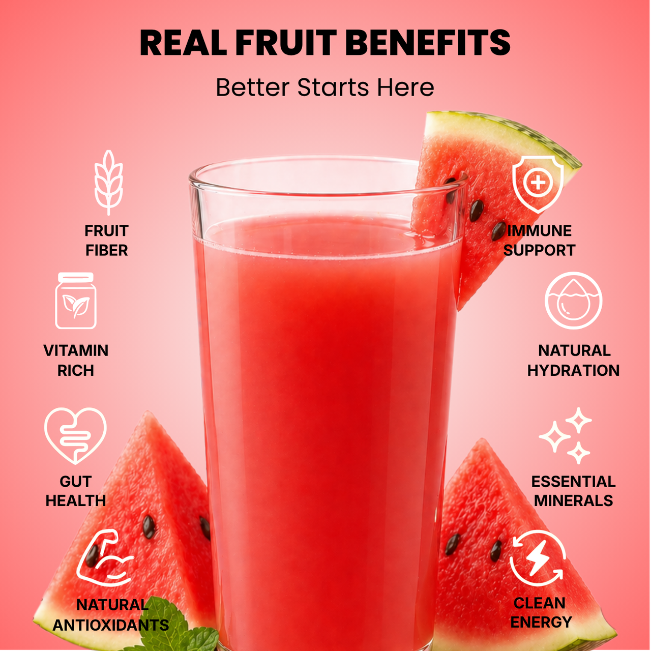 Real fruit benefits infographic for Vinut watermelon juice served in a glass with fresh watermelon fruit